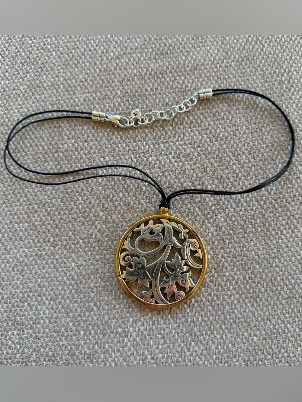 Brighton Two Tone Scroll Medallion Necklace On Black Cord 18”